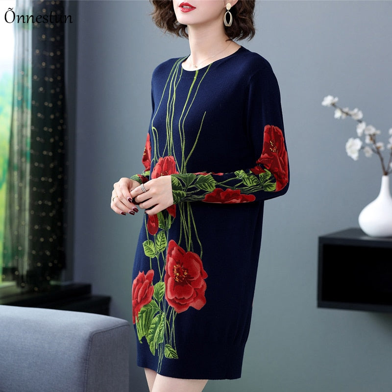 Long Sweater Dress Autumn Fashion 2022 Long Sleeve Pullovers Print Floral Knitwear Jumper Sweater Women