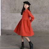 Autumn Dress for New Year 2022 Kids Girls Shirt Collar Long Sleeve Dresses Teenage Turn-down Collar Sold Color Button Costumes