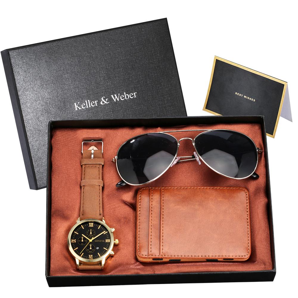 Luxury Rose Gold Men's Watch Leather Card Credit Holder Wallet Fashion Sunglasses Sets for Men Unique Gift for Boyfriend Husband