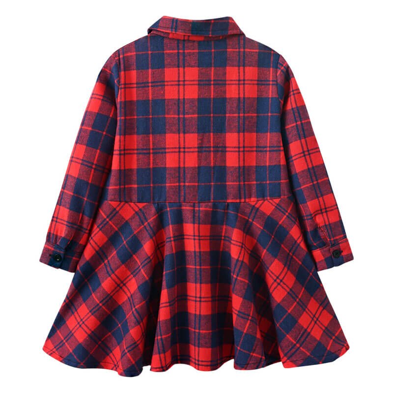 Kid Girl Dress Plaid Midi Long Sleeve Round Lapel Collar High Waist  Buttons Spring Autumn Princess Shirt 4-12Years