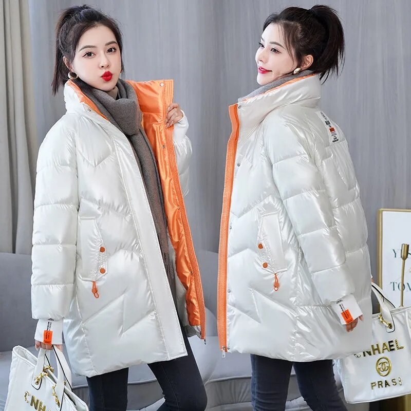 Parka Women 2021 New Winter Jacket Glossy Long Coat Cotton Padded Casual Parkas Jackets Thick Warm Female Overcoat Outwear