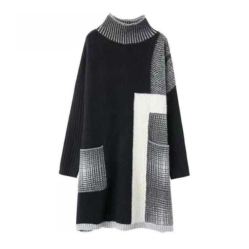 Autumn Winter Black Patchwork Knitted Cotton Pullovers Women Korean Vintage Midi Sweater Dress 2023 Elegant Turtleneck Sweaters