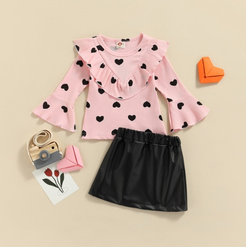New Toddler Kids Baby Girl Valentine 's Day Clothes Long Sleeve Love Heart Printed Shirt Tops Tutu Skirt 2Pcs Outfits Set