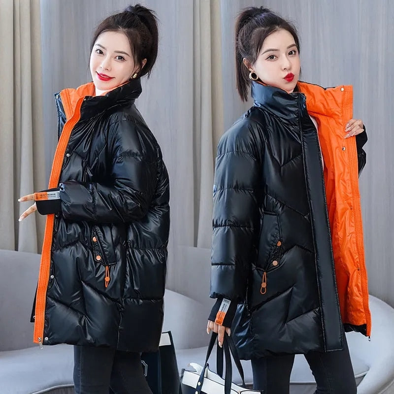 Parka Women 2021 New Winter Jacket Glossy Long Coat Cotton Padded Casual Parkas Jackets Thick Warm Female Overcoat Outwear