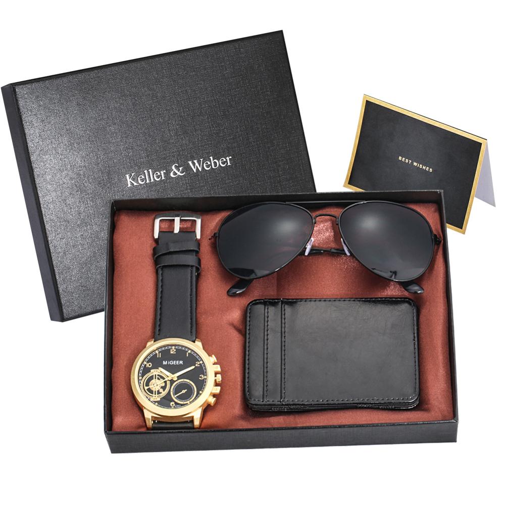 Luxury Rose Gold Men's Watch Leather Card Credit Holder Wallet Fashion Sunglasses Sets for Men Unique Gift for Boyfriend Husband