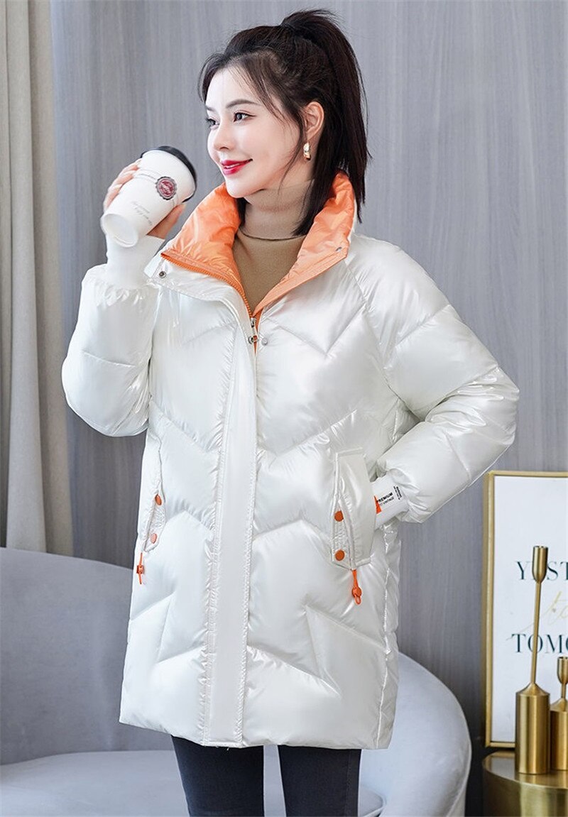 Parka Women 2021 New Winter Jacket Glossy Long Coat Cotton Padded Casual Parkas Jackets Thick Warm Female Overcoat Outwear