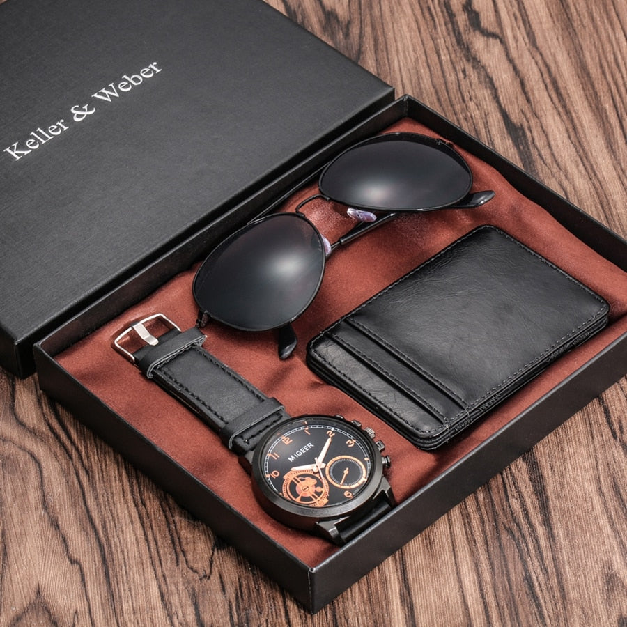 Luxury Rose Gold Men's Watch Leather Card Credit Holder Wallet Fashion Sunglasses Sets for Men Unique Gift for Boyfriend Husband