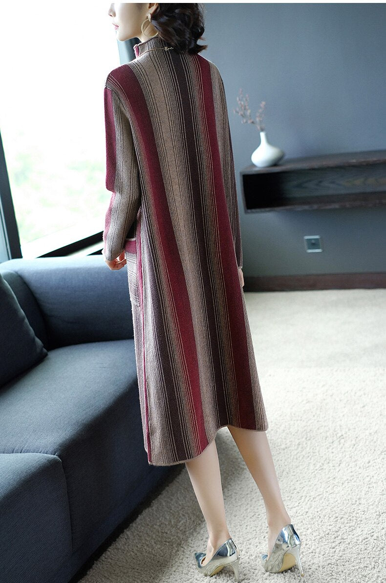 ZUOMAN Autumn Office Turtleneck Knitted Dress for Women Elegant Striped Sweaters Dresses Long Sleeves Female A-line Winter Dress