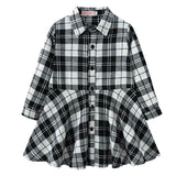 Kid Girl Dress Plaid Midi Long Sleeve Round Lapel Collar High Waist  Buttons Spring Autumn Princess Shirt 4-12Years