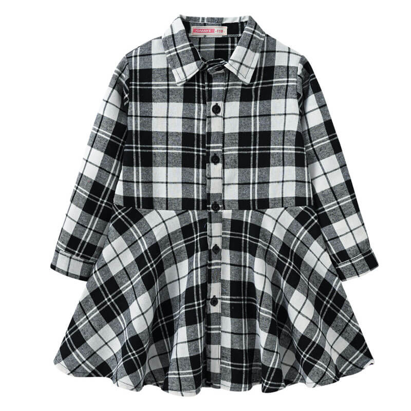 Kid Girl Dress Plaid Midi Long Sleeve Round Lapel Collar High Waist  Buttons Spring Autumn Princess Shirt 4-12Years
