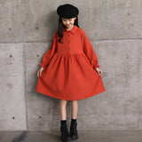 Autumn Dress for New Year 2022 Kids Girls Shirt Collar Long Sleeve Dresses Teenage Turn-down Collar Sold Color Button Costumes