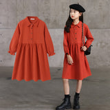 Autumn Dress for New Year 2022 Kids Girls Shirt Collar Long Sleeve Dresses Teenage Turn-down Collar Sold Color Button Costumes