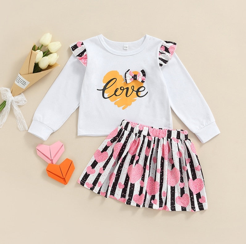 New Toddler Kids Baby Girl Valentine 's Day Clothes Long Sleeve Love Heart Printed Shirt Tops Tutu Skirt 2Pcs Outfits Set