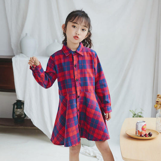 Kid Girl Dress Plaid Midi Long Sleeve Round Lapel Collar High Waist  Buttons Spring Autumn Princess Shirt 4-12Years