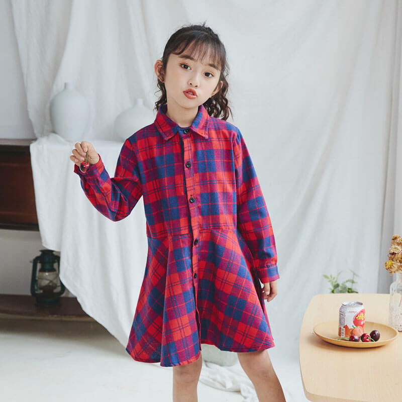 Kid Girl Dress Plaid Midi Long Sleeve Round Lapel Collar High Waist  Buttons Spring Autumn Princess Shirt 4-12Years