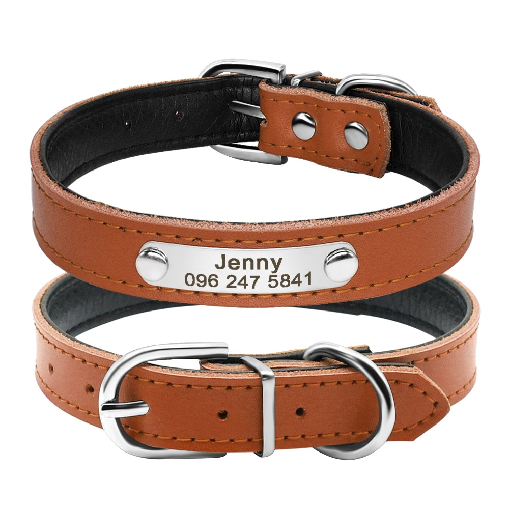 Leather Dog Collar Inner Padded Custom Personalized Dog Collars with Engraved Nameplate ID Tag For Small Medium Dogs