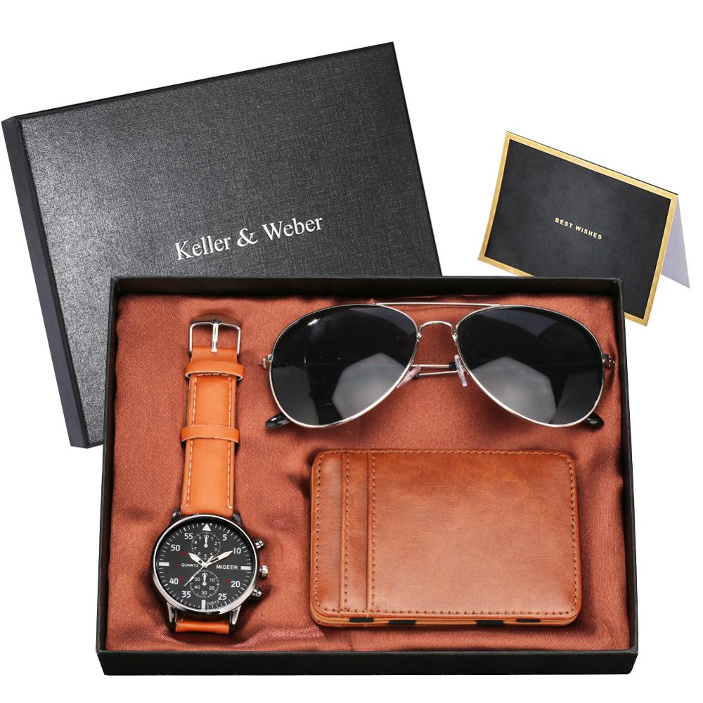 Luxury Rose Gold Men's Watch Leather Card Credit Holder Wallet Fashion Sunglasses Sets for Men Unique Gift for Boyfriend Husband