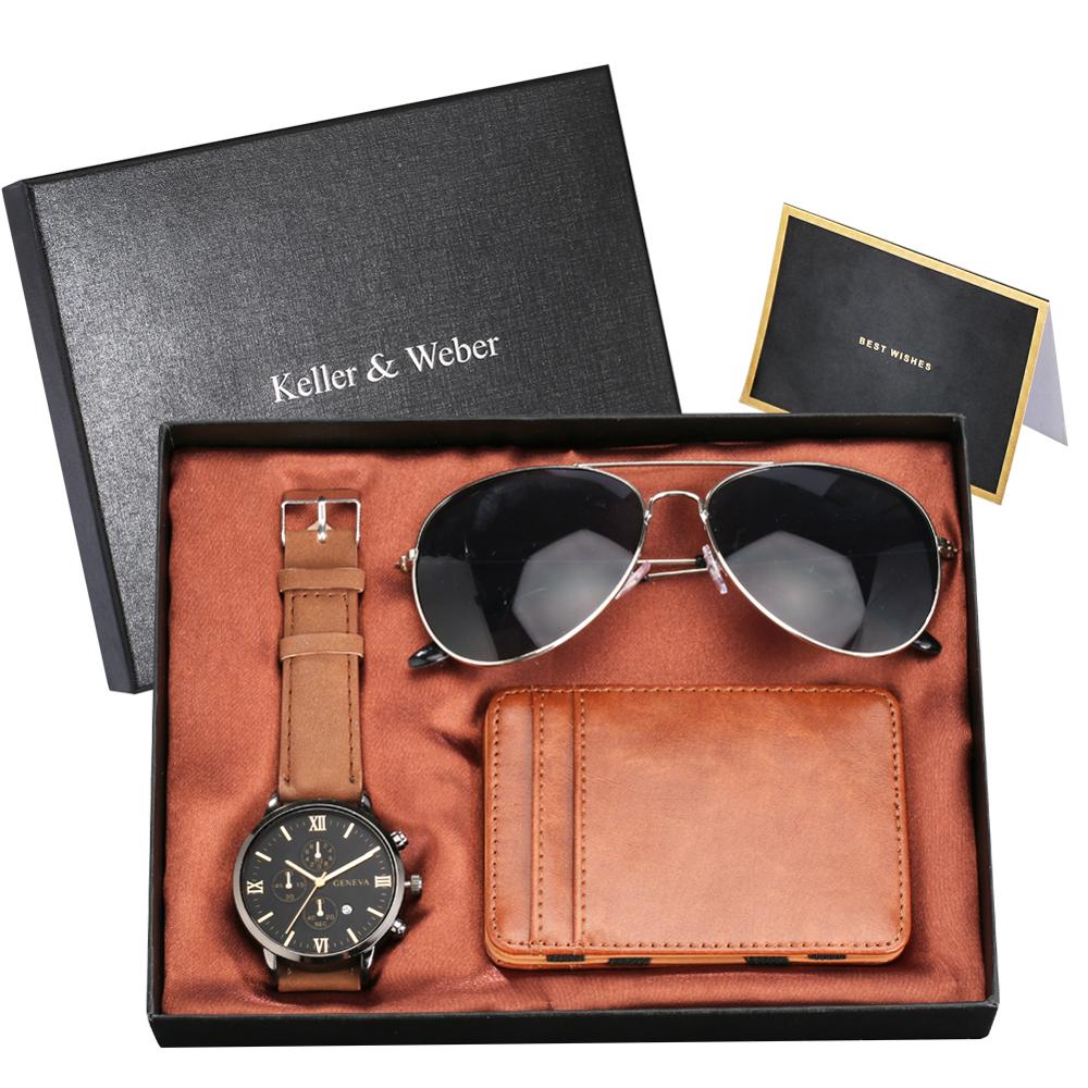 Luxury Rose Gold Men's Watch Leather Card Credit Holder Wallet Fashion Sunglasses Sets for Men Unique Gift for Boyfriend Husband