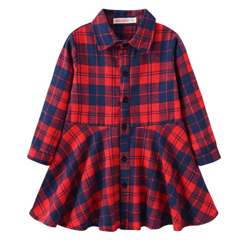 Kid Girl Dress Plaid Midi Long Sleeve Round Lapel Collar High Waist  Buttons Spring Autumn Princess Shirt 4-12Years