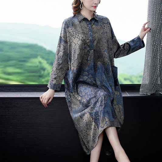 Autumn Floral Natural Silk Satin Midi Dresses Spring Women Korean Vintage Casual Loose Vintage Dress 2023 New Elegant Vestidos