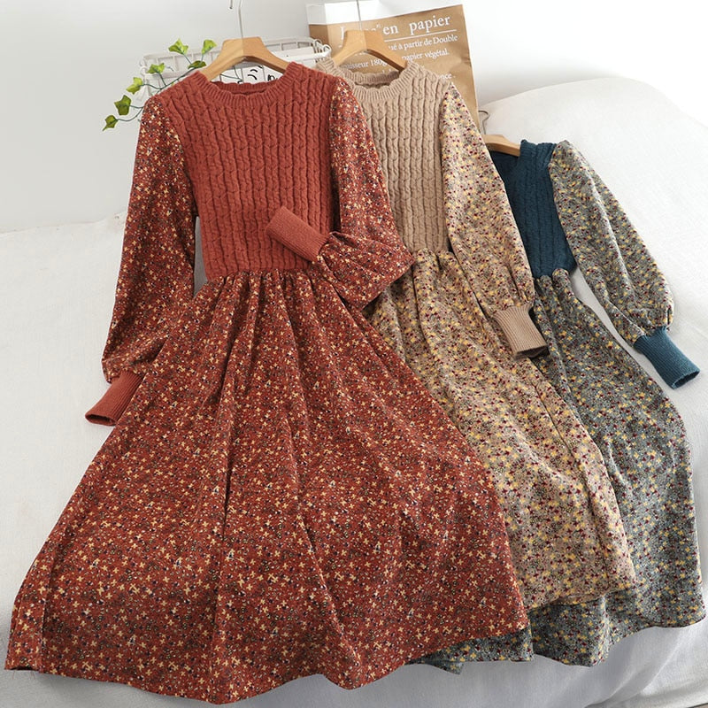 Women&#39;s Knitted Dress Autumn Winter New Long Sleeve Corduroy Floral Dress Female Elegant Sweater A-line Long Veatidos Belt