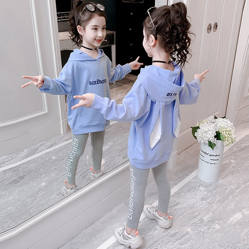 2 Pcs Kids Clothes Girl Spring Autumn Cartoon Pull Sleeve Tracksuit 2 5 7 8 10 12 14  Years Hoodies Top + Pants Sportswear Sets