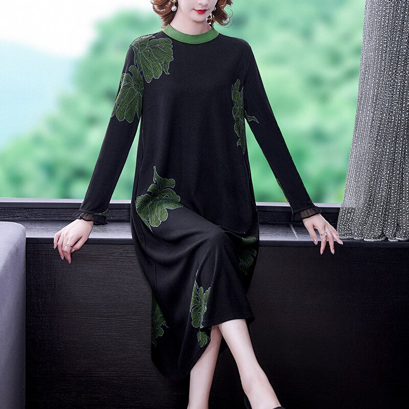 Autumn Winter Knitted Long Sleeve Floral Midi Dress 2023 Elegant Bodycon Office Dress Women Korean Vintage Casual Party Vestidos
