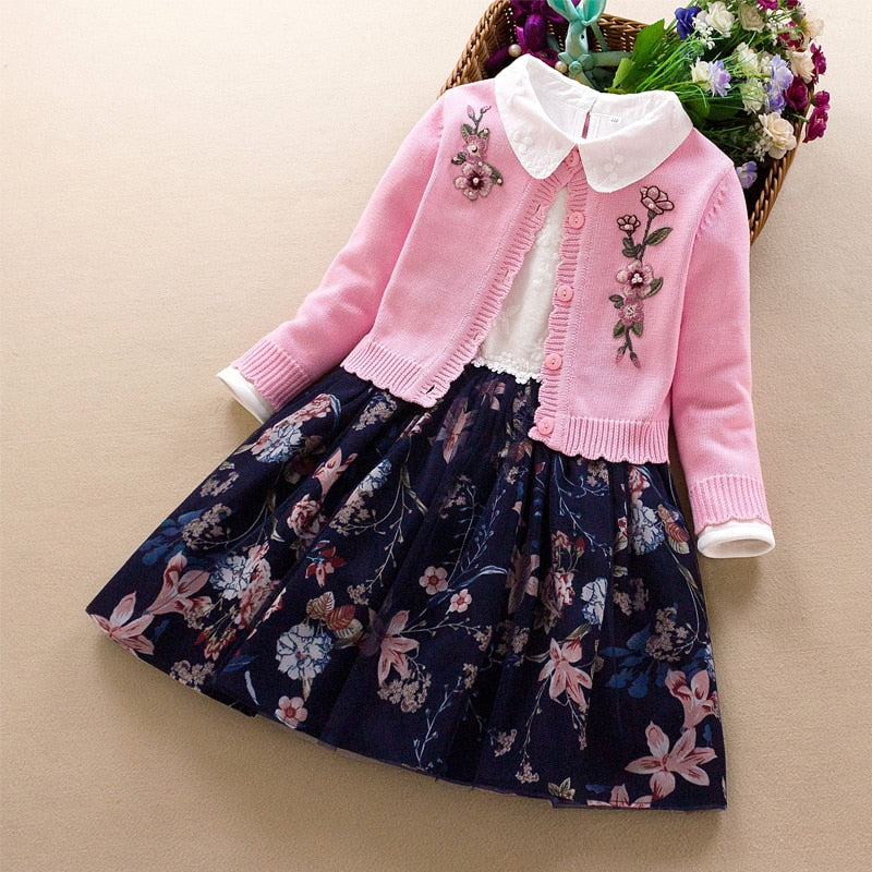 Kids Girls Clothing set 2019 autumn winter new Baby girl embroidered cotton sweater coat+dress 2Pcs little girl princess clothes