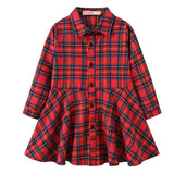 Kid Girl Dress Plaid Midi Long Sleeve Round Lapel Collar High Waist  Buttons Spring Autumn Princess Shirt 4-12Years