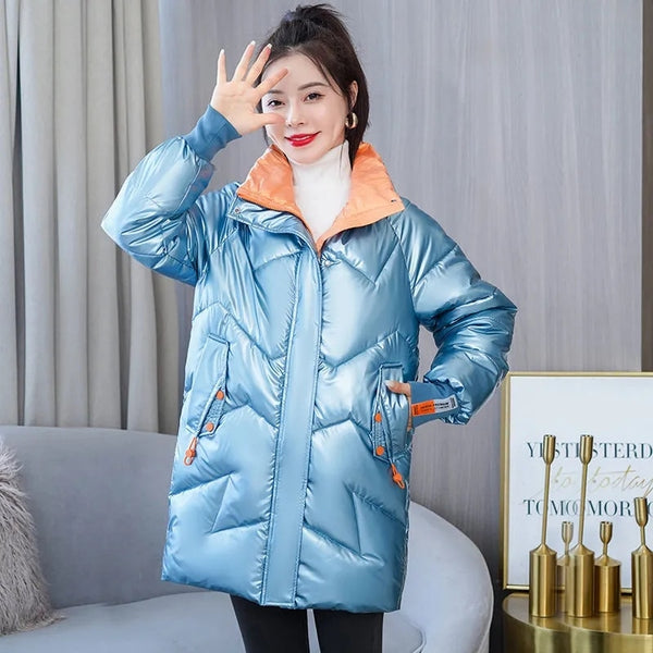 Parka Women 2021 New Winter Jacket Glossy Long Coat Cotton Padded Casual Parkas Jackets Thick Warm Female Overcoat Outwear
