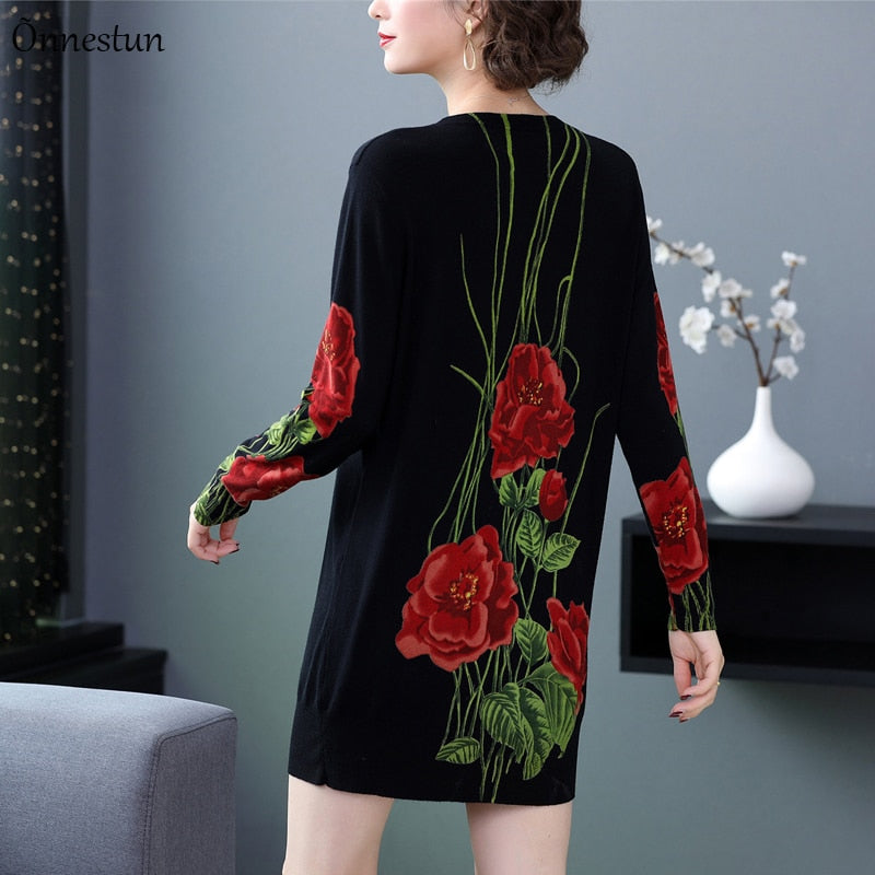 Long Sweater Dress Autumn Fashion 2022 Long Sleeve Pullovers Print Floral Knitwear Jumper Sweater Women