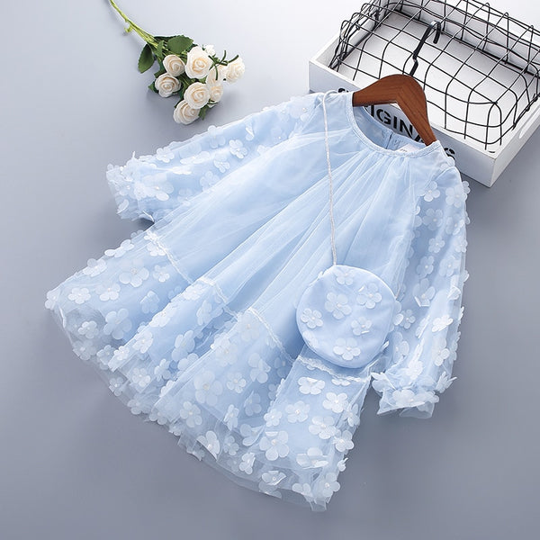 3-7 Years High Quality Spring Autumn Girl Dress New Chiffon Flower Ruched Kid Children Clothing Girl Princess Dress With Bags