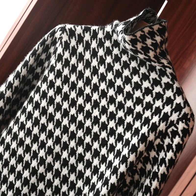 Bird lattice Turtleneck Basic Soft Loose Knitted Women&#39;s Sweater Dress Korean Fashion Vintage Elegant Jumpers Dresses for Women