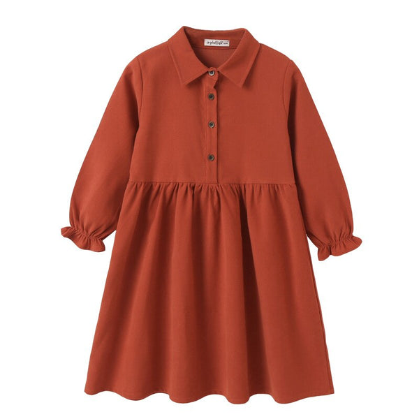 Autumn Dress for New Year 2022 Kids Girls Shirt Collar Long Sleeve Dresses Teenage Turn-down Collar Sold Color Button Costumes