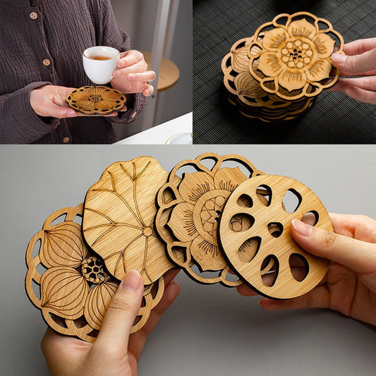 Lotus Shape Drink Coasters Mat Wooden Round Cup Table Mat Tea Coffee Mug Placemat Home Decoration Kitchen Accessories