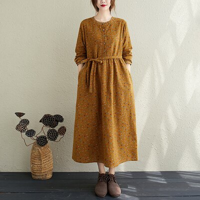 Women Autumn Cotton Linen Long Dress New Arrival 2020 Arts Style Vintage Floral Print Loose Ladies Elegant A-line Dresses S1857