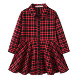 Kid Girl Dress Plaid Midi Long Sleeve Round Lapel Collar High Waist  Buttons Spring Autumn Princess Shirt 4-12Years