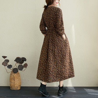 Women Autumn Cotton Linen Long Dress New Arrival 2020 Arts Style Vintage Floral Print Loose Ladies Elegant A-line Dresses S1857