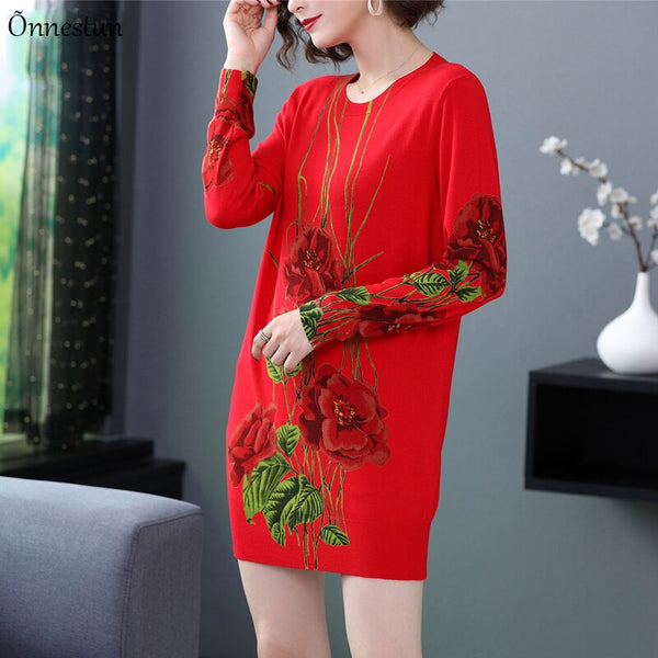 Long Sweater Dress Autumn Fashion 2022 Long Sleeve Pullovers Print Floral Knitwear Jumper Sweater Women