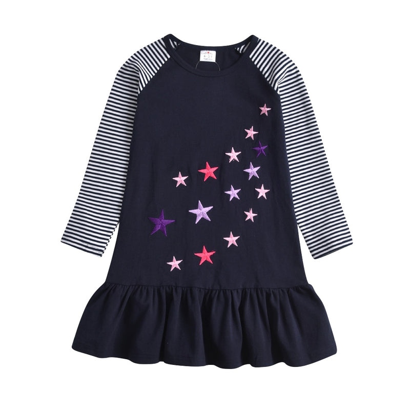 VIKITA Girls Cotton Dress Kids Cartoon Appliqued Vestidos Children Casual Wear Clothes Girls Long Sleeve Patchwork Dresses