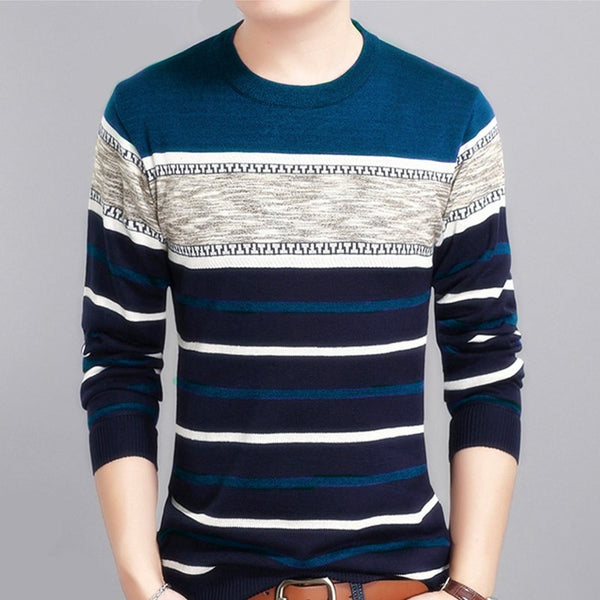 Covrlge New Spring Autumn Casual Men&#39;s Sweater O-Neck Striped Slim Knittwear Mens Sweaters Pullovers Pullover Men M-3XL MZM050