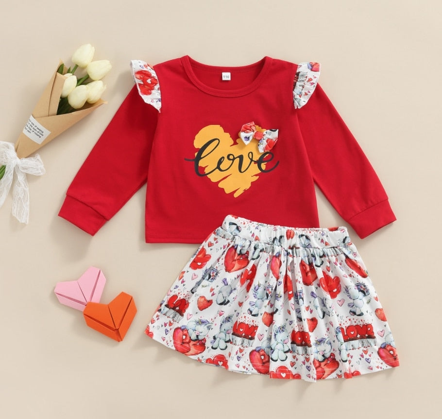 New Toddler Kids Baby Girl Valentine 's Day Clothes Long Sleeve Love Heart Printed Shirt Tops Tutu Skirt 2Pcs Outfits Set