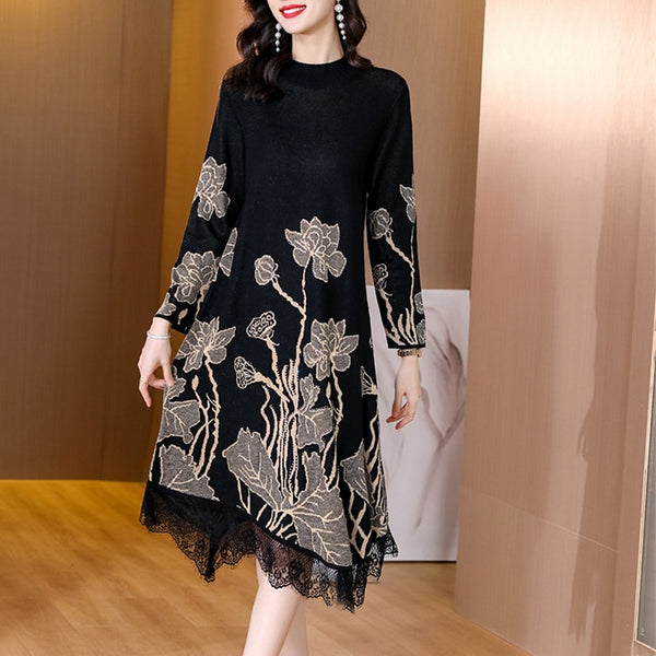 Winter Casual Elegant Warm Loose Jacquard Knited Sweater Dress 2022 Autumn Women Bodycon Turtleneck Long Wool Sweates