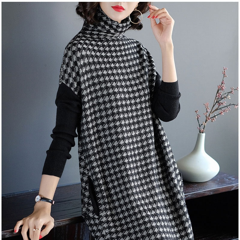 Women Black Houndstooth Knitting Stretch Sweater Dress Winter Female Dresses Vestido Clothing Robes