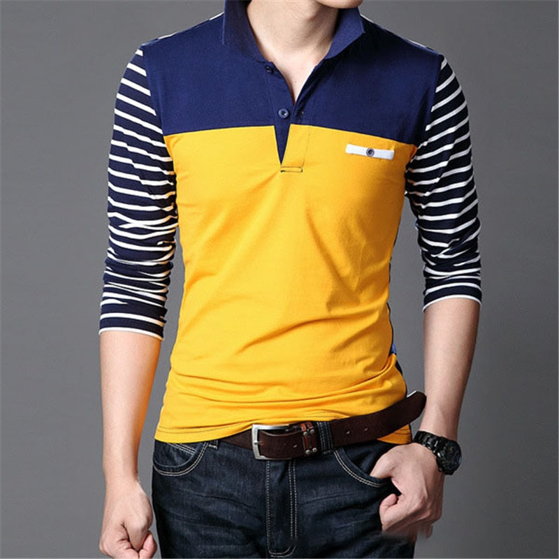TFETTERS Spring Autumn Casual Men Long Sleeve T-shirt Cotton Elastic Slim Fit Dress T Shirt Men V-Neck Stripe Men Tops &amp; Tees