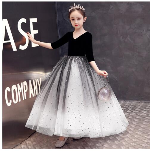 Kids Tulle Prom Ball Gowns Children's  Evening Dress Long Sleeve Polka Dot Mesh Girl Ball Gown Show Piano Party Princess Dresses