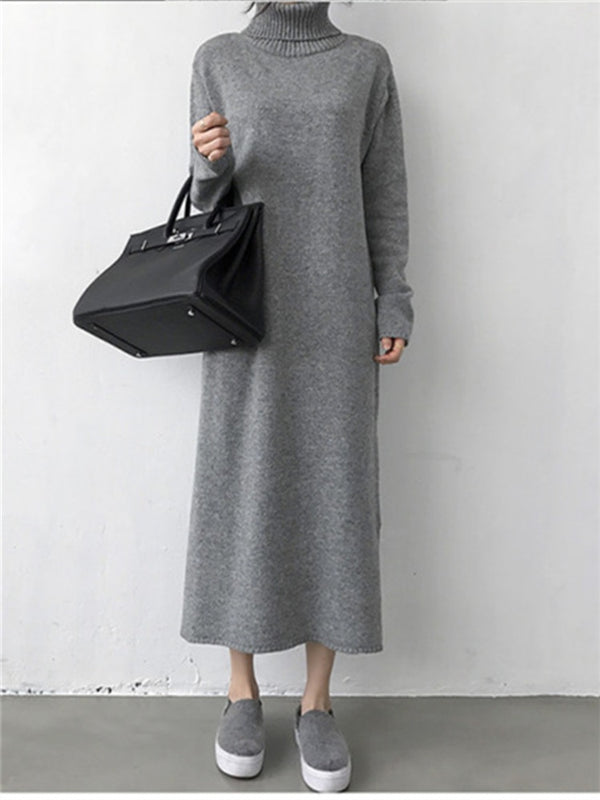 Turtleneck Winter Womens Dress 2021 Fall Sweater Women Dress Long Sleeve Knitted Dresses Maxi Vintage Oversize Dresses Knitting