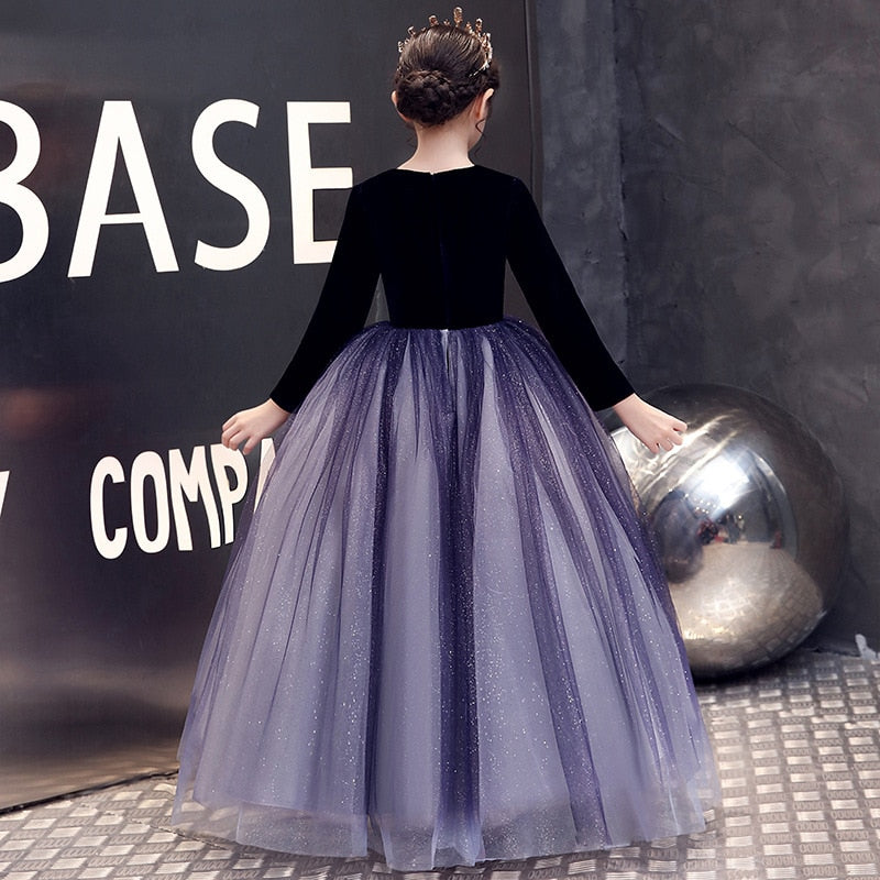 Kids Tulle Prom Ball Gowns Children's  Evening Dress Long Sleeve Polka Dot Mesh Girl Ball Gown Show Piano Party Princess Dresses