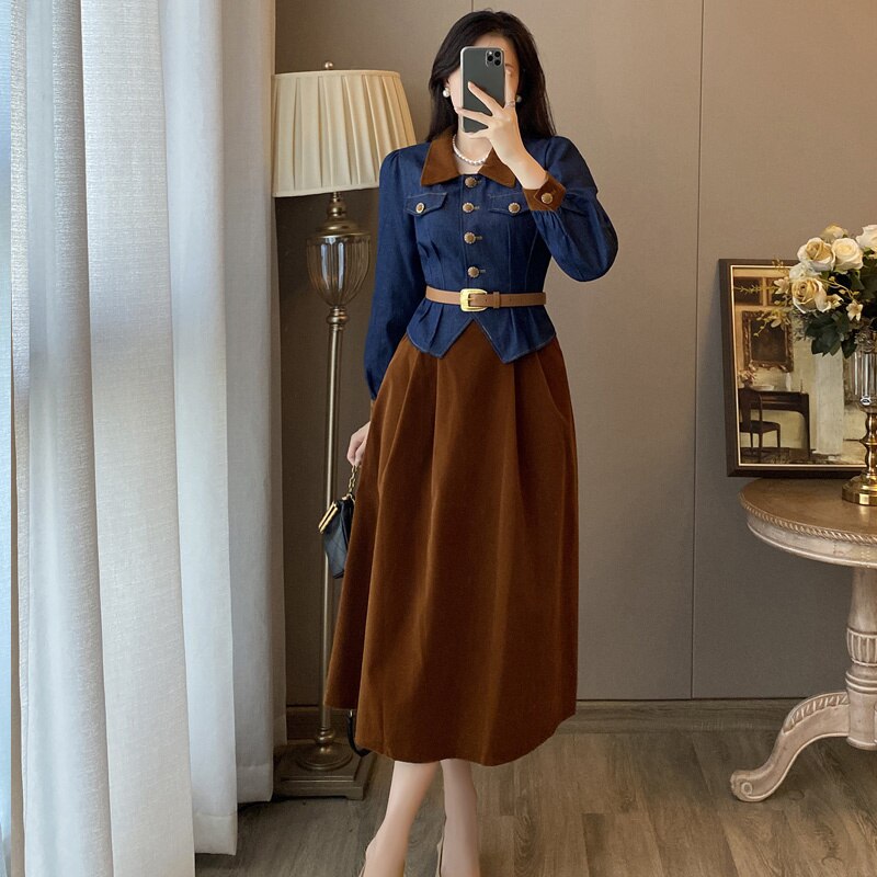 French Vintage Suit Fall Winter Two Pieces Set Women's Lapel Single-Breaste Belt Slim Denim Jacket Top+A Line Skirt Suit G237