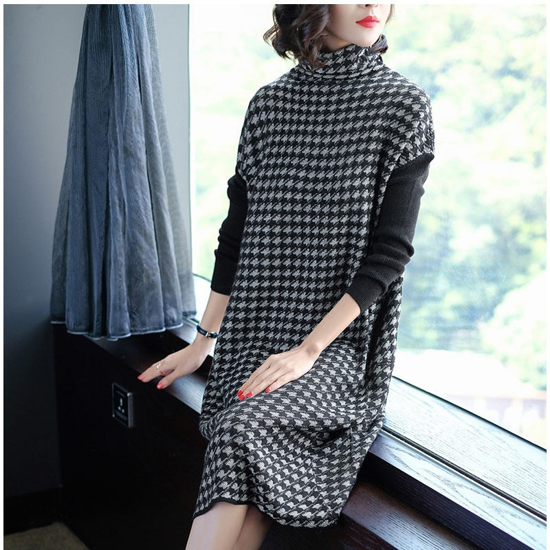 Women Black Houndstooth Knitting Stretch Sweater Dress Winter Female Dresses Vestido Clothing Robes